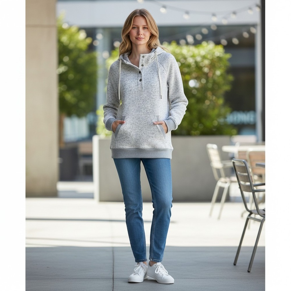 Thread & Supply Hoodie Womens XS Heather Ivory Snap Neck Pullover Polyester